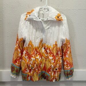 Lindi White and Multi Color Pattern Crinkle Drawstring Waist Jacket Medium